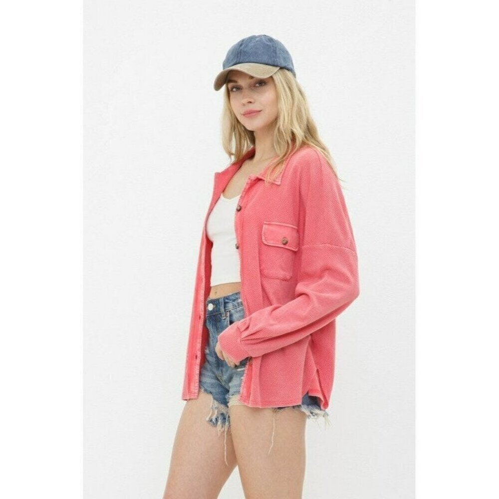 Not Your Boyfriend's Textured Knit Shirt Jacket in Coral - Picture 4 of 6